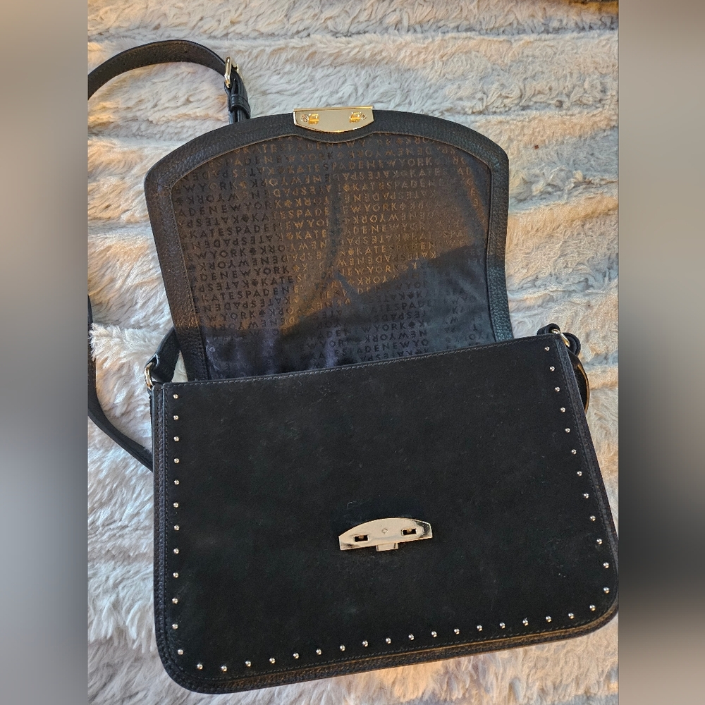 Kate Spade Black Suede Crossbody Bag Silver Studs & Tassel - Picture 6 of 9